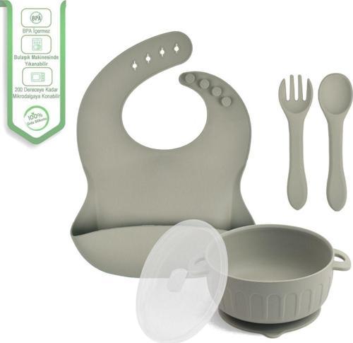 Silikon Beslenme Seti Silikon Vakumlu Kapaklı Mama Kasesi - Silikon Önlük - Çatal Ve Kaşık - Gri