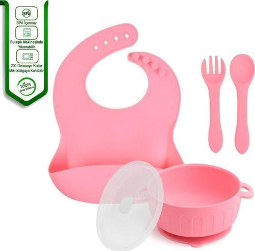 Silikon Beslenme Seti Silikon Vakumlu Kapaklı Mama Kasesi - Silikon Önlük - Çatal Ve Kaşık - K.Pembe