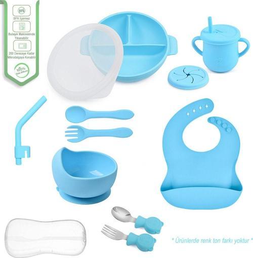 Silikon Beslenme Seti Vakumlu Mama Tabağı - Kase - Önlük - Çatal - Kaşık - Bardak - (Mavi)