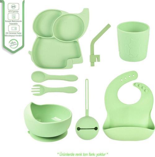 Silikon Beslenme Seti Vakumlu Mama Tabağı Ve Oval Kasesi - Önlük - Çatal Ve Kaşık - Bardak - Pipet