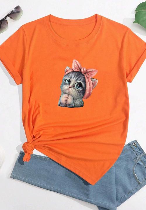 Unisex Sevimli Kedi Tasarım T-shirt