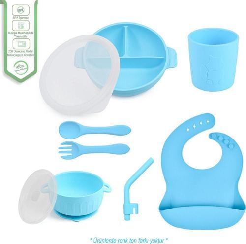 Silikon Beslenme Seti Vakumlu Silikon Mama Tabağı Ve Kasesi - Silikon Çatal Ve Kaşık - Bardak - Mavi