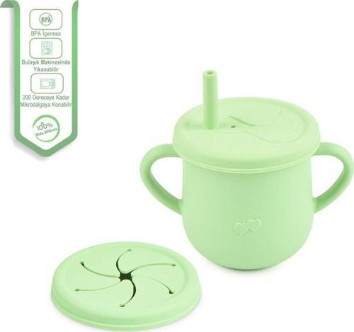 Silikon Pipetli Bardak - ( Alıştırma Bardağı ) Çerez Kapağı - Yeşil