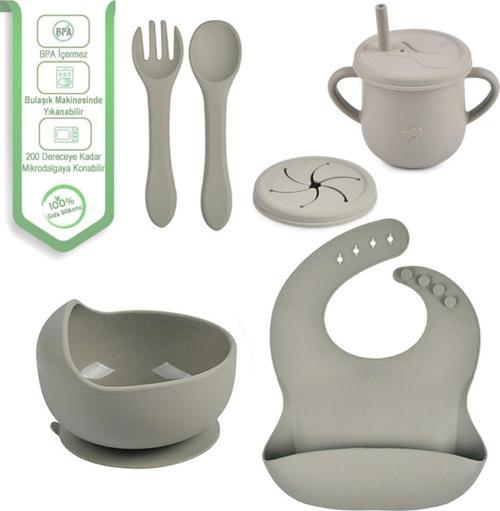 Silikon Vakumlu Kase - Silikon Çatal - Kaşık - Silikon Pipetli Bardak - Çerez Kapağı - Önlük - Gri