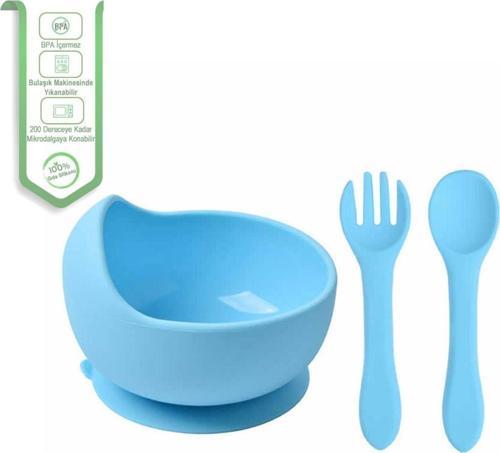 Vakumlu Silikon Mama Kasesi - Altı Vakumlu Mama Kasesi - Silikon Kaşık Ve Çatal - Mavi