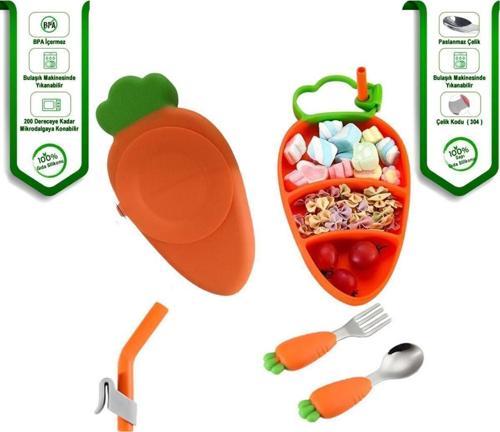 Vakumlu Silikon Mama Tabağı - Silikon Saplı Metal Uçlu Çatal Ve Kaşık ( Havuç Figürlü )