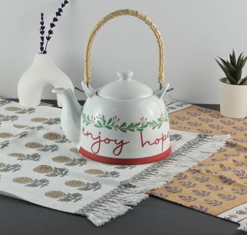 Enjoy Porselen Demlik - Hasır Saplı Çay Demliği - Üstten Saplı Demlik - 1 Litre