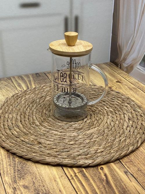 French Press Cam Çay Kahve Bitki Demliği 600 ml Bambu