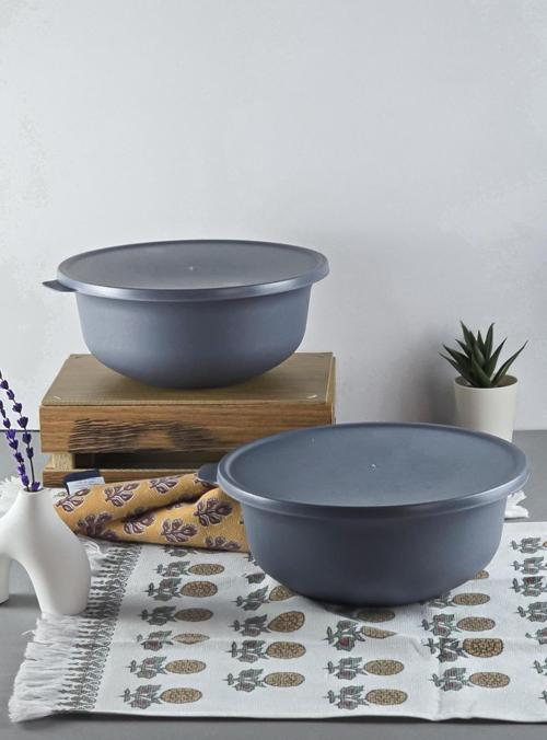 Plastik Saklama Kabı Seti - 2li Mutfak Saklama Kabı Takımı - 2 Litre, 23 CM - Gri