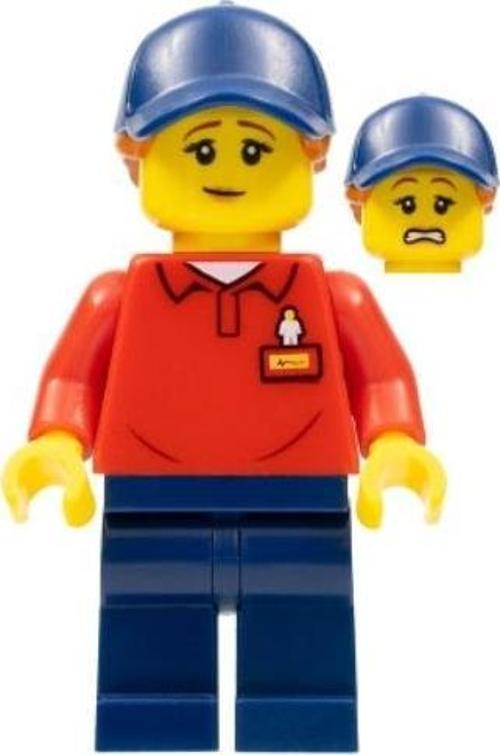 Minifigür - Legoland Park Worker Female With Dark Blue Hat And Dark Orange Ponytail, Red Polo Shirt With 'Legoland'