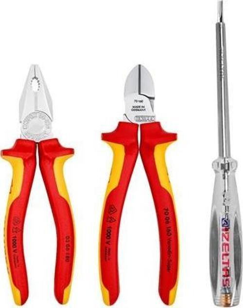 3'lü Set 1000V Kombine Pense 180 mm 1000V Yan Keski 160 mm Kontrol Kalemi 190 mm