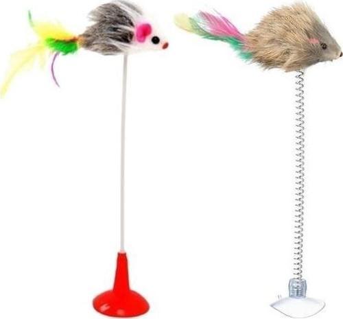 2li Vantuzlu Fareli Tüylü Hareketli Çanlı ve Esneyen Eğlenceli Peluş Kedi Oyuncağı
