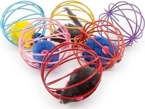 Renkli Metal Kafesli Peluş Fareli Kedi Köpek Oyuncağı Oyun Topu 6 cm