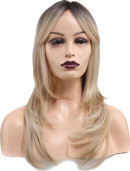 Katlı Kesim Perçemli Düz Fiber Sentetik Orta Boy Peruk - Kahve / Platin Ombre ve Röfleli
