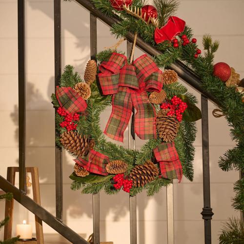 New Year Yılbaşı Ekose Kurdeleli Kapı Süsü 45 Cm