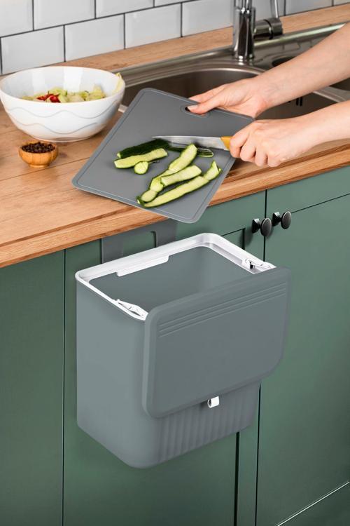 15 Lt Çift Yöne Açılabilen Kapaklı Dolap Askılı ve Tezgah Üstü Mutfak Banyo Lavabo Çöp Kovası -Gri