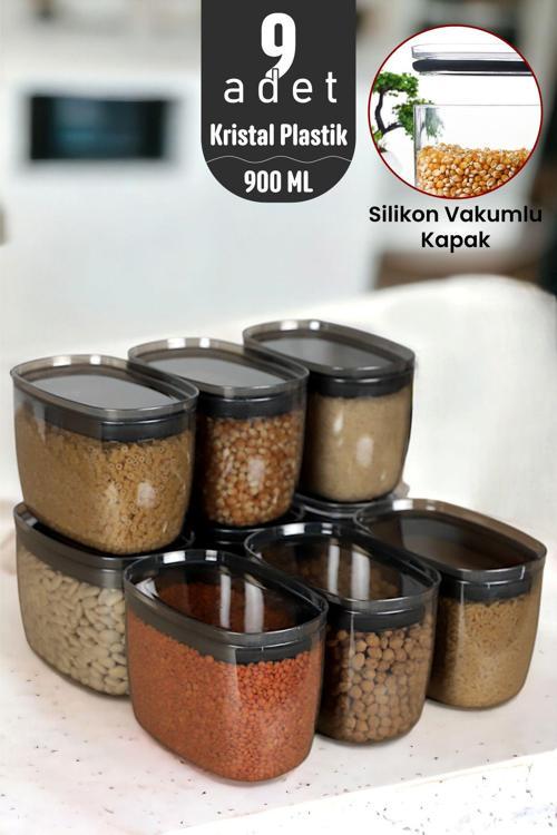900 ml Gerçek Vakumlu Silikon Kapaklı Kristal Erzak Bakliyat Saklama Kabı Seti Baharatlık 9 Adet Antrasit