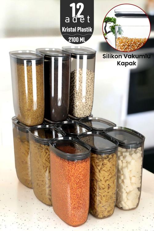 Jumbo Boy 2100 ml Gerçek Vakumlu Silikon Kapaklı Kristal Erzak Bakliyat Saklama Kabı Seti Baharatlık 12 Adet Antrasit