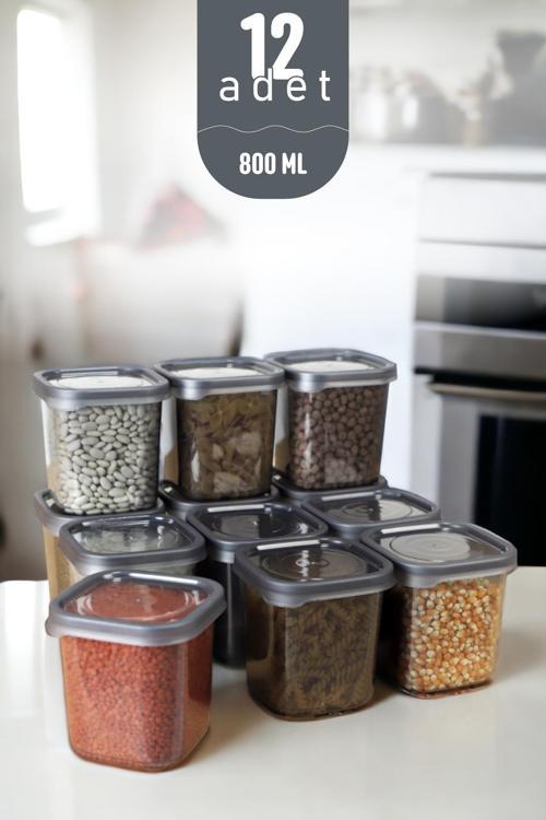 Kapaklı Erzak Bakliyat Saklama Kabı Kare Saklama Kutusu Seti 12 Adet 800 ML