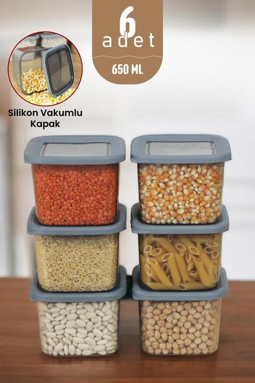 Kapaklı Erzak Bakliyat Saklama Kabı Kare Saklama Kutusu Seti 6 Adet 650 ML