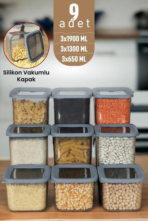 Kapaklı Erzak Bakliyat Saklama Kabı Kare Saklama Kutusu Seti 9 Adet 1900-1300-650 ML