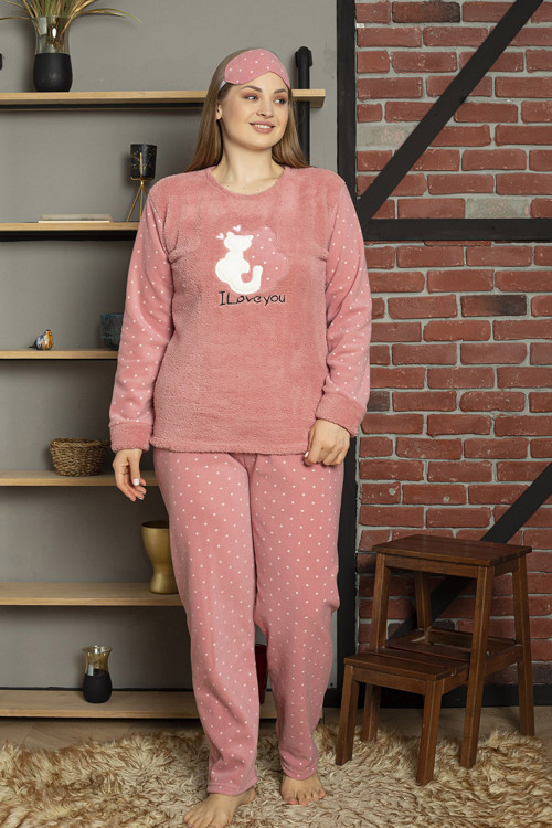 Fawn 5100 Büyük Beden Peluş Welsoft Polar Kışlık Kedili Kadın Pijama Takımı