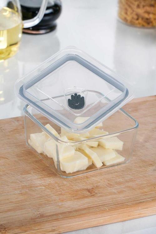 YSH-012135 Olivya 2 Adet Kare Vakumlu Cam Saklama Kabı - 0,45 Lt