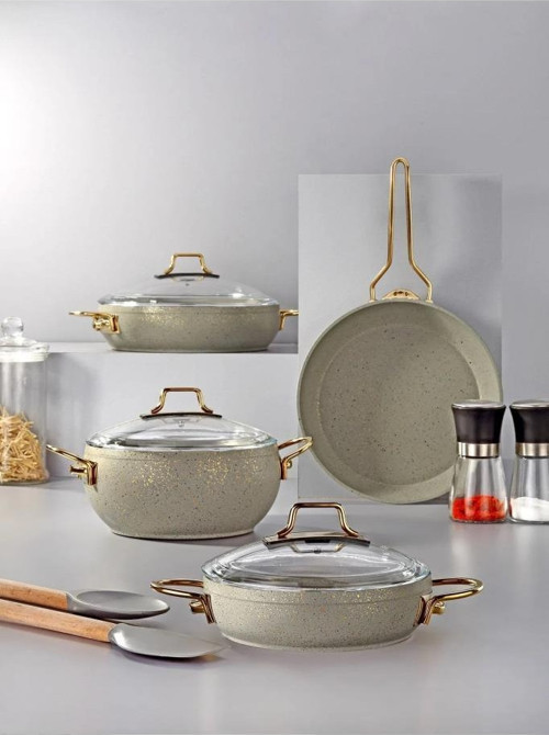 Marbelle 7 parça Granit Tencere & Tava Seti Krem