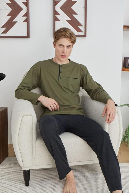 9229 Erkek Midi Yaka Uzun Kollu Pijama Takım