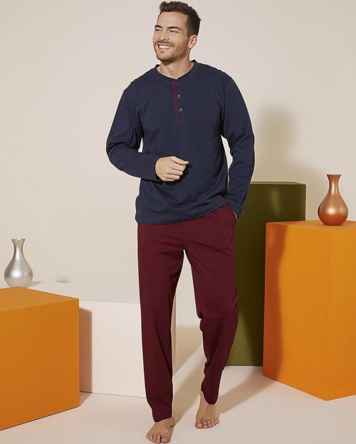9221 Erkek Midi Yaka Pantolon Baskılı Pijama Takım