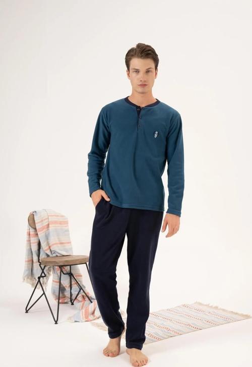 24421 Erkek Kışlık Polar Düğmeli Yaka Pijama Takımı