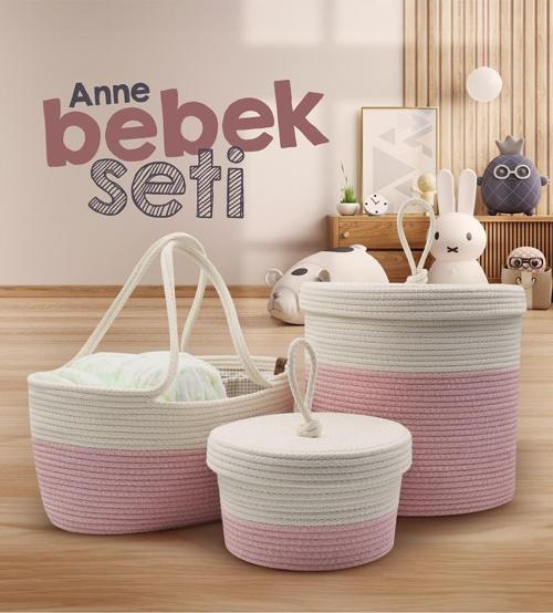 Jüt İp Hasır Pembe Anne Bebek Bakım Çantası Anne Bebek Set Organizeri