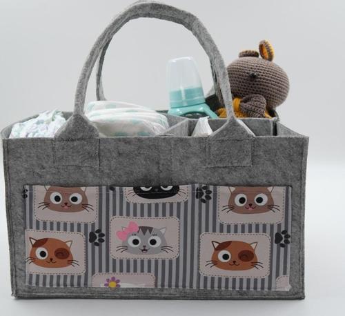 Keçe Kedi Figürlü Desenli  Gri Keçe Anne Bebek Bakım Çantası Organizer