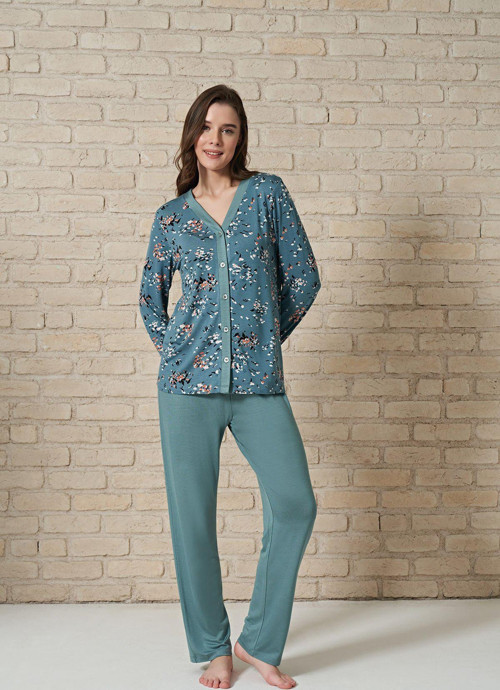 Pijadore 1729 Kadın Önden Düğmeli Uzu Kol Pijama Takım