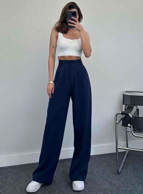 Kadın Lacivert Bol Paça Pileli Palazzo Kumaş Pantolon