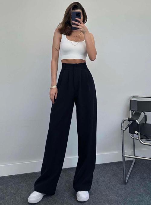 Kadın Siyah Bol Paça Pileli Palazzo Kumaş Pantolon