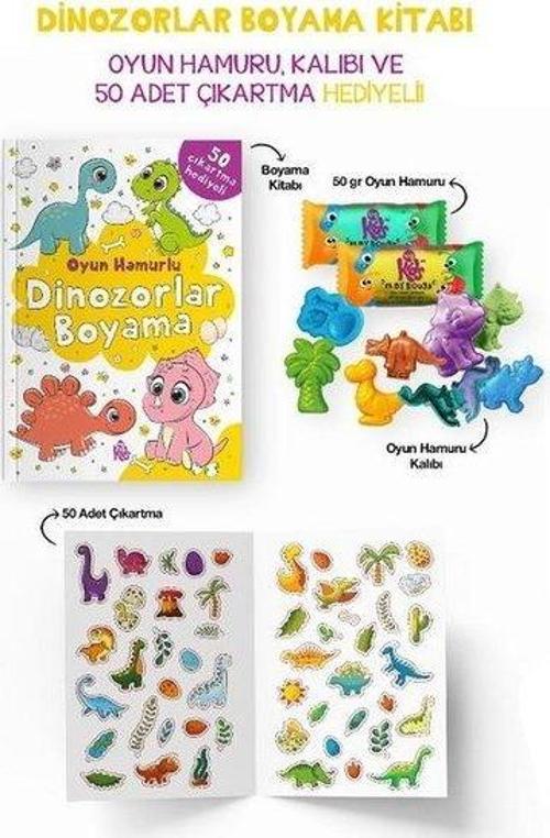 Dinozorlar Boyama Kitabı - Oyun Hamuru Kalıbı ve 50 Adet Çıkartma Hediyeli 3 + Yaş