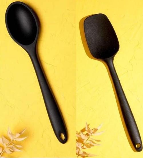 2 Parça Silikon Servis Seti - Siyah -  Kaşık + Spatula 27 cm