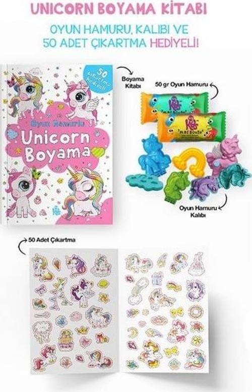 Unicorn Boyama Kitabı - Oyun Hamuru Kalıbı ve 50 Adet Çıkartma Hediyeli 3 + Yaş