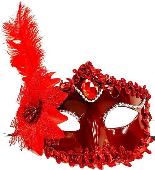 Kırmızı Mat Renk Yandan Tüylü Güllü Parti Balo Venedik Maskesi 16x22 TdrTR