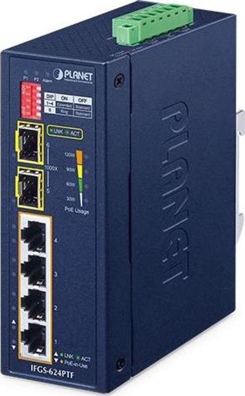Industrial 4-Port 10/100TX 802.3at PoE + 2-Port 1000X SFP Ring Ethernet Switch TdrTR