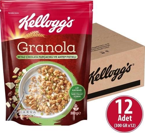 Beyaz Çikolata Parçacıklı&Antep Fıstıklı Granola 300 Gr x 12 Adet, %46 Yulaf Içerir, Lif Kaynağı