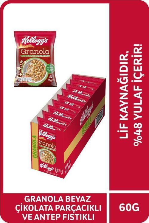 Beyaz Çikolata Parçacıklı&Antep Fıstıklı Granola 60Gr x10Adet,%46 Yulaf içerir,Lif Kaynağı