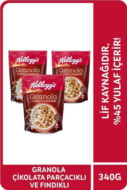 Çikolata Parçacıklı&Fındıklı Granola 340 Gr x3 Adet,%44 Yulaf içerir,Lif Kaynağı