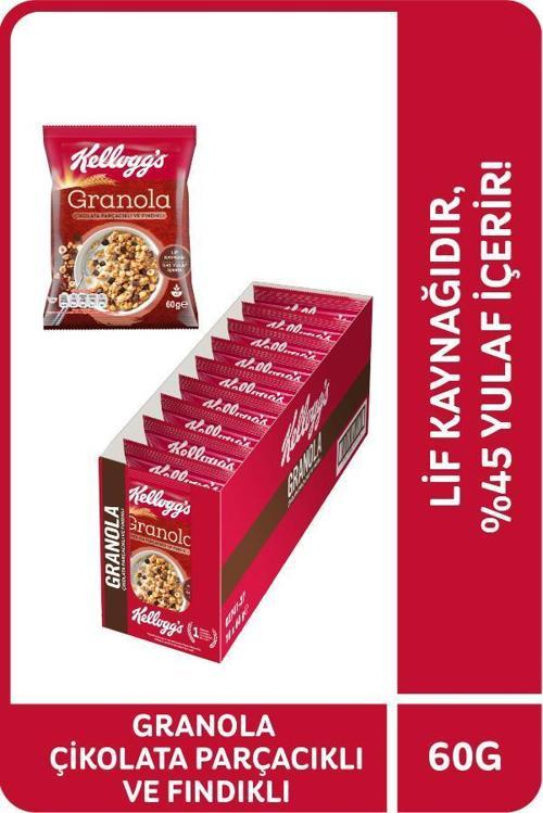 Çikolata Parçacıklı&Fındıklı Granola 60 Gr x10 Adet,%44 Yulaf içerir,Lif Kaynağı