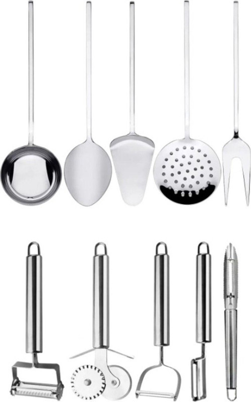 10Parça Mutfak Hazırlık Seti; Servis Kaşığı, Kepçesi, Çatalı, Kevgiri, Spatulası Ve Soyacak Seti