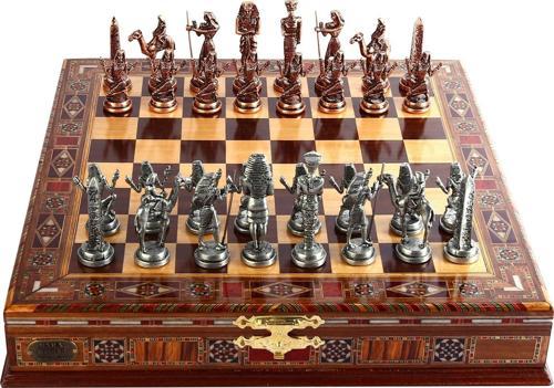 Metal MISIR Satranç Takımı Antik ve El Yapımı Masif Ahşap Sandıklı Satranç Tahtası(38X38X6,5 cm.)