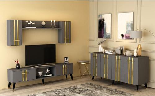 Asel Tv Ünitesi Ve Konsol 2'Li Salon Takımı Antrasit-Altın