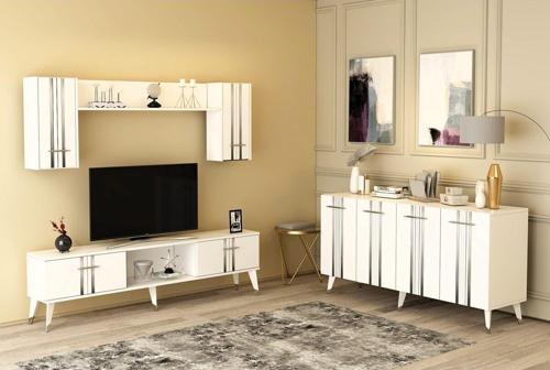 Asel Tv Ünitesi Ve Konsol 2'Li Salon Takımı Beyaz-Gümüş
