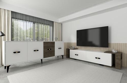 Cherryct 180 Cm Konsol (Kx180) Ve Tv Sehpası 2'Li Salon Takımı Beyaz-Ceviz